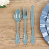 72 Pack Dusty Blue Plastic Silverware Set in Baroque Style, Heavy Duty Disposable Forks