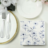 50 Pack White 2-Ply Paper Beverage Napkins with Blue Outlined Flowers Print