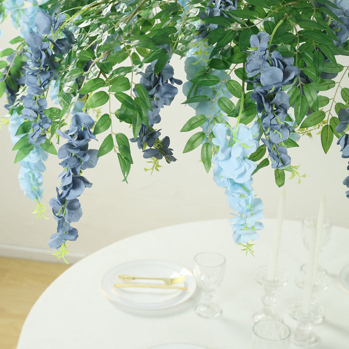 55" Artificial Silk Wisteria Vine Round Hanging Canopy in Dusty & Light Blue, Draping Garland Flower