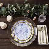 25 Pack | 8inch White / Blue Chinoiserie Disposable Salad Plates With Gold Wavy Rim Floral