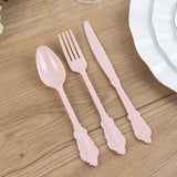 72 Pack Blush Plastic Silverware Set in Baroque Style, Heavy Duty Disposable Forks