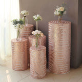 Set of 5 Rose Gold Sequin Mesh Cylinder Pedestal Pillar Prop Covers with Geometric Pattern