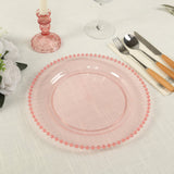 10 Pack Transparent Blush Plastic Party Plates with Beaded Rim, Round Disposable Dinner Plates