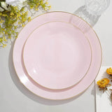 10-Pack Plastic 8" Round Dessert Plates in Blush with Gold Rim - Glossy Disposable Appetizer Salad Plates