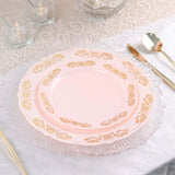 10 Pack | 10Inch Gold Embossed Blush/Rose Gold Plastic Dinner Plates - Round With Scalloped Edges