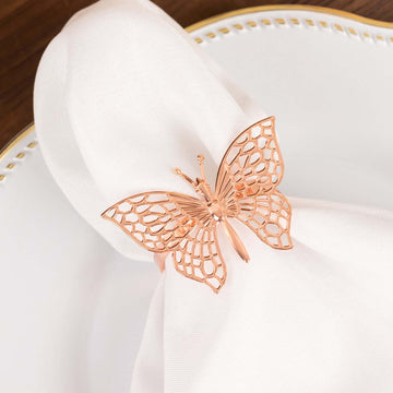 4 Pack Rose Gold Metal Butterfly Napkin Rings, Decorative Laser Cut Cloth Napkin Holders