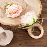 4 Pack Blush Artificial Rose Flower Wooden Napkin Holders, Farmhouse Country Floral Napkin Rings