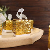 25 Pack | 2inch Gold Sequin Glitter Party Favor Boxes With White Ribbon Loop