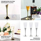 6 Pack | 5oz Clear / Gold Plastic Champagne Flutes, Disposable Glasses With Detachable Base