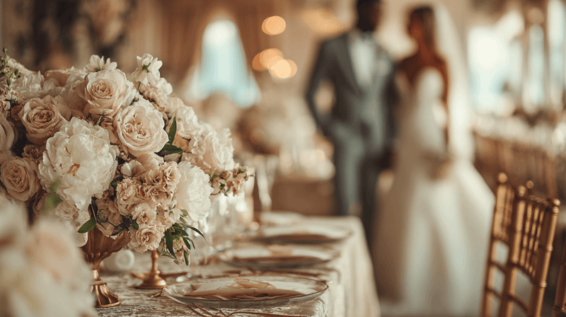 Wedding table with blush floral centerpiece