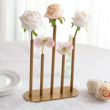 Bud Vase Gold Metal Minimalist Design with 5-Tubes - Single Stem Flower Centerpiece 10"