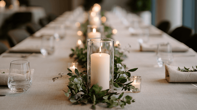 Candle centerpiece on linen table