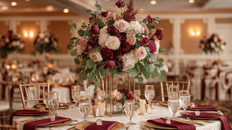 Burgundy centerpiece with autumn greenery