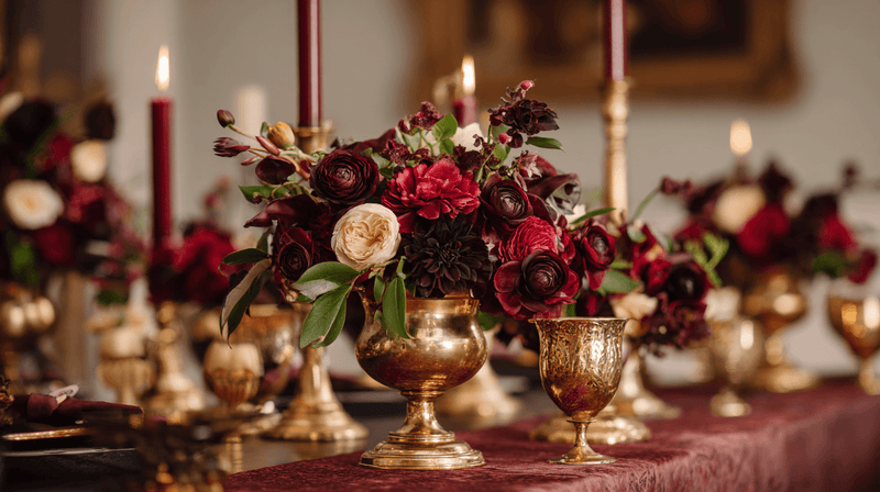 Burgundy and gold wedding tablescape