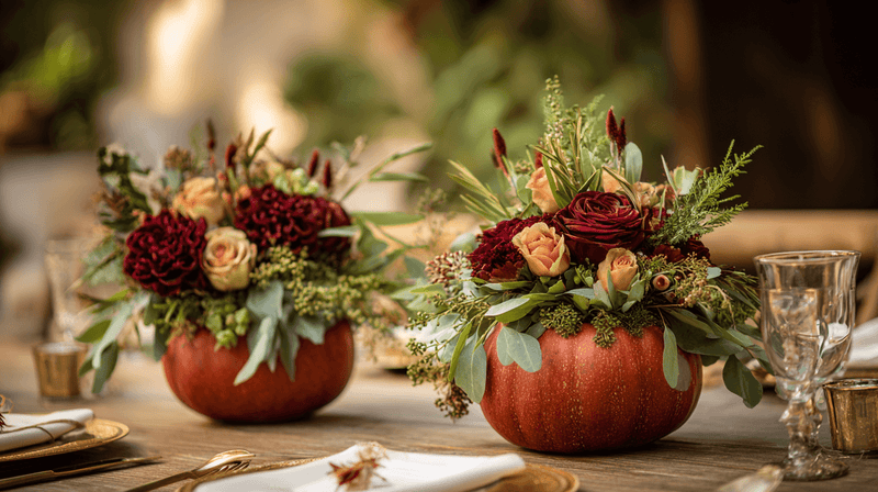 Burgundy floral centerpiece in pumpkin vase