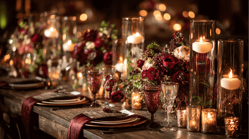 Candlelit burgundy rose centerpiece