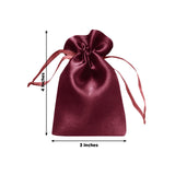 Maroon satin drawstring bag, 3x4 inches, perfect for gifts or storage.