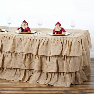 Burlap 14ft Table Skirt Natural 3 Tier Ruffled Design for Rustic Weddings & Country Events