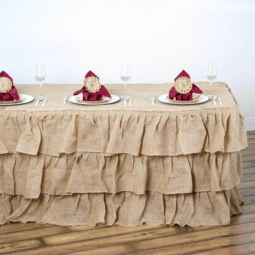 Burlap 17ft Table Skirt Natural 3 Tier Ruffled Design for Rustic Weddings & Country Events