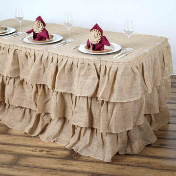 Burlap 21ft Table Skirt Natural 3 Tier Ruffled Design for Rustic Weddings & Country Events