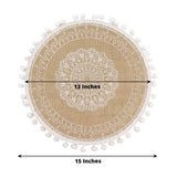 Jute & White Embroidery Mandala Print Placemats, Rustic Round Woven Burlap Tassel Table Mats