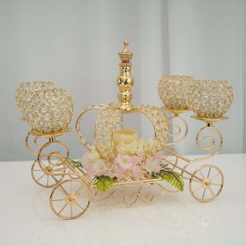 Candle Holder 4-Arm Gold Metal Crystal Cinderella Carriage Wedding Centerpiece - Decorative Display 18"