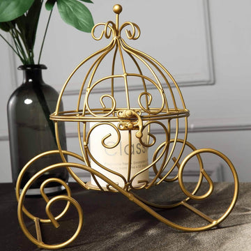 Candle Holder Gold Wrought Iron Cinderella Carriage Card Display - Wedding Table Accent 11"