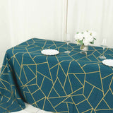 90x132inch Peacock Teal Rectangle Polyester Tablecloth With Gold Foil Geometric Pattern