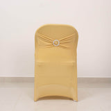 Champagne Spandex Folding Chair Covers with Silver Rhinestone Buckled Sash Band