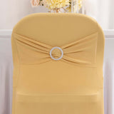 Champagne Spandex Folding Chair Covers with Silver Rhinestone Buckled Sash Band