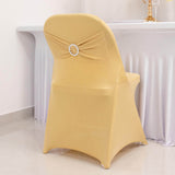 Champagne Spandex Folding Chair Covers with Silver Rhinestone Buckled Sash Band