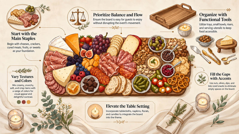 Charcuterie board party guide with cheeses, meats, crackers, fruits, dips, and styling tips.