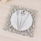 6 Pack Silver Square Acrylic Charger Plates with Hollow Lace Border