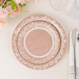 25 Pack Natural Burlap Print Paper Salad Plates with Floral Lace Rim