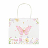 12 Pack Pink Glitter Butterfly Paper Favor Bags With Handles, Floral Print White Goodie Gift#whtbkgd