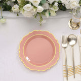 8inch Dusty Rose Plastic Dessert Salad Plates, Disposable Tableware Round With Gold Scalloped Rim