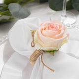 4 Pack Blush Artificial Rose Flower Wooden Napkin Holders, Farmhouse Country Floral Napkin Rings