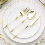 24 Pack | Gold / Clear Glittered European Plastic Silverware Set with Roman Column Handle