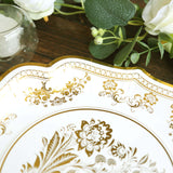 25 Pack White Gold Disposable Party Plates in French Toile Floral Pattern 10inch Paper Dinner Plate