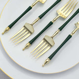 24 Pack | 6inch Gold / Hunter Emerald Green Plastic Dessert Forks With Roman Column Handle