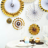 Set of 8 | Gold | White Paper Fan Decorations | Paper Pinwheels Wall Hanging Decorations Party Backdrop Kit | 4" | 8" | 12" | 16"