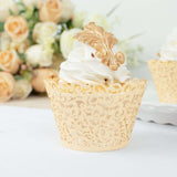 25 Pack | Ivory Lace Laser Cut Paper Cupcake Wrappers, Muffin Baking Cup Trays