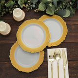 10 Pack | 8inch Gold / White Disposable Salad Appetizer Plates With Round Blossom Design