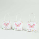 12 Pack Pink Glitter Butterfly Paper Favor Bags With Handles, Floral Print White Gift Bags