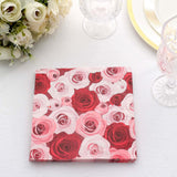 50 Pack | 2 Ply Soft Red / Pink Rose Design Paper Cocktail Napkins