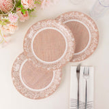 25 Pack Natural Burlap Print 9inch Round Disposable Party Plates With White Floral Lace Rim