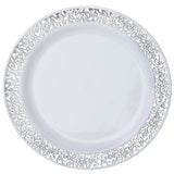 10 Pack | 10inch Elegant Silver Lace Rim White Disposable Dinner Plates, Fancy Plastic Party Plates