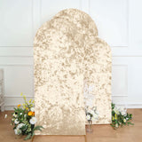 Set of 3 Champagne Crushed Velvet Chiara Backdrop Stand Covers For Round Top Wedding Arches