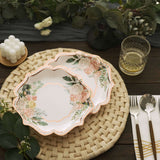 25 Pack | 8inch White / Rose Gold Floral Scallop Rim Salad Party Paper Plates, Dessert Plates