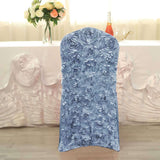 Dusty Blue Satin Rosette Spandex Stretch Banquet Chair Cover, Fitted Slip On Chair Cover